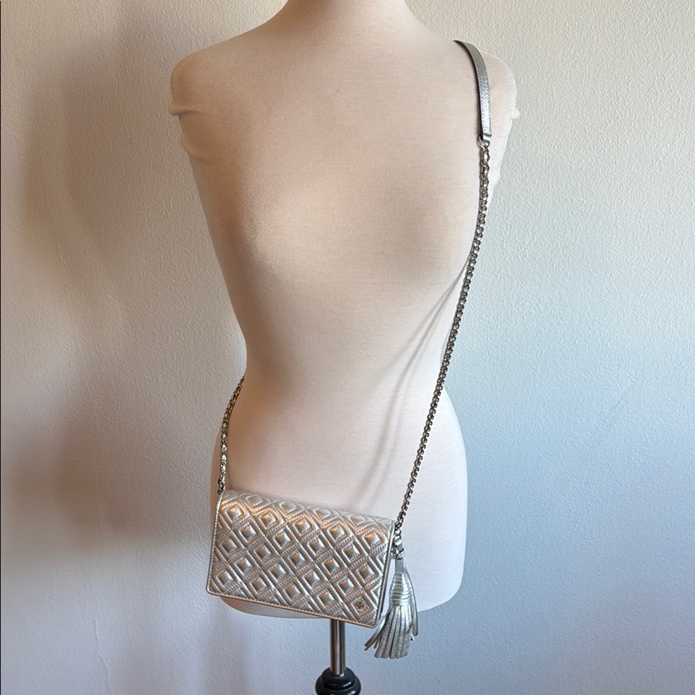 Tory Burch Metallic Silver Quilted Crossbody with Tassel